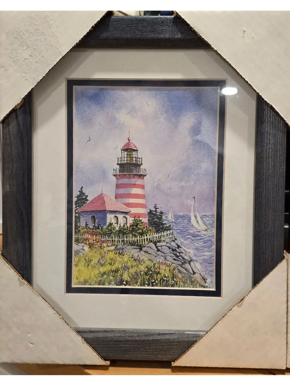 Set of 2 Framed Lighthouse Watercolor Prints Nautical Wall Art - 11.75